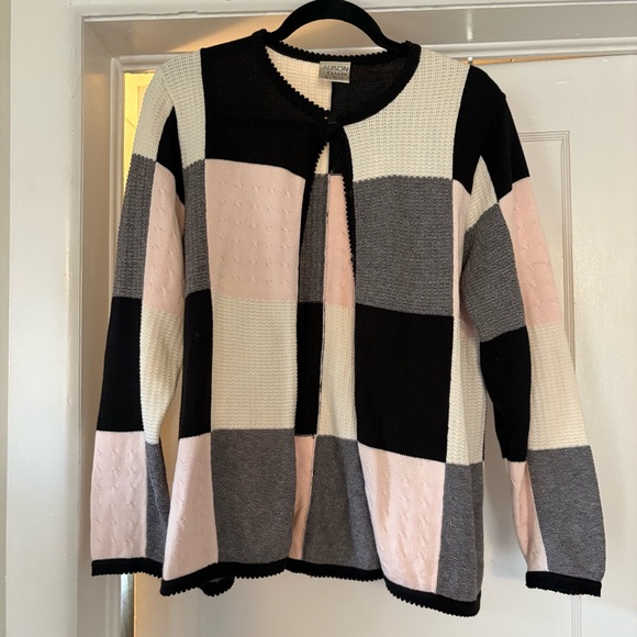 Allison Daley Sweaters - Checkered Black and Pink Cardigan Sweater